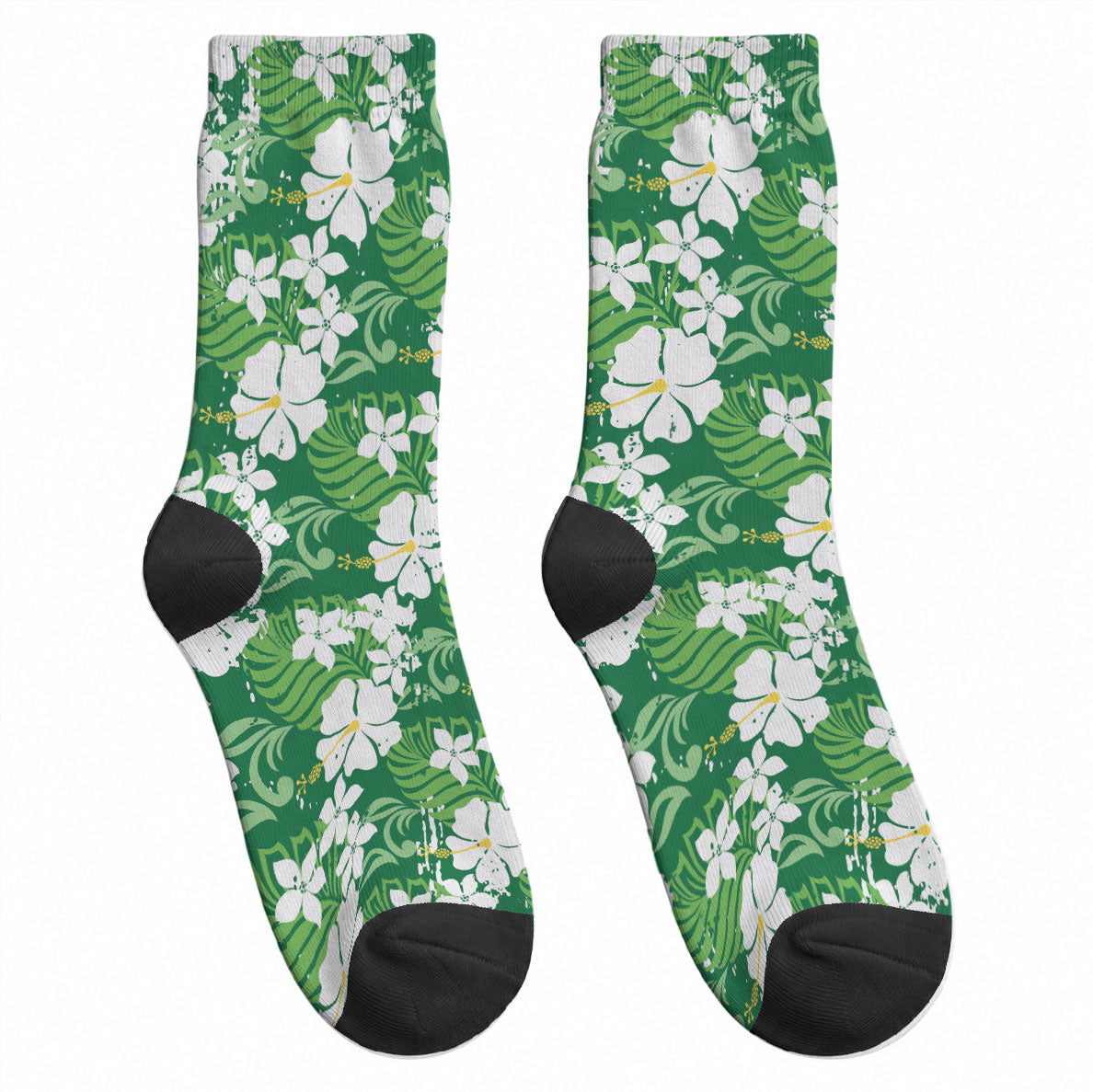 Green Hawaiian Hibiscus Monstera Crew Socks Grunge Stylized LT01 - Polynesian Pride
