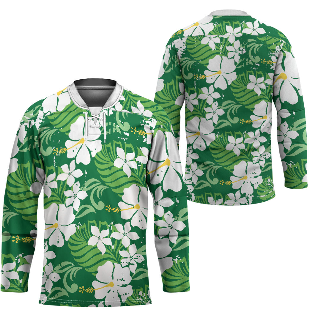 Green Hawaiian Hibiscus Monstera Hockey Jersey Grunge Stylized LT01 - Polynesian Pride