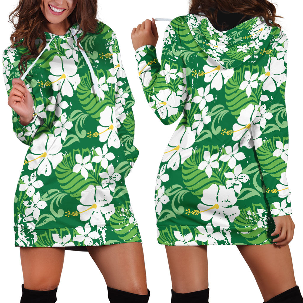 Green Hawaiian Hibiscus Monstera Hoodie Dress Grunge Stylized LT01 - Polynesian Pride