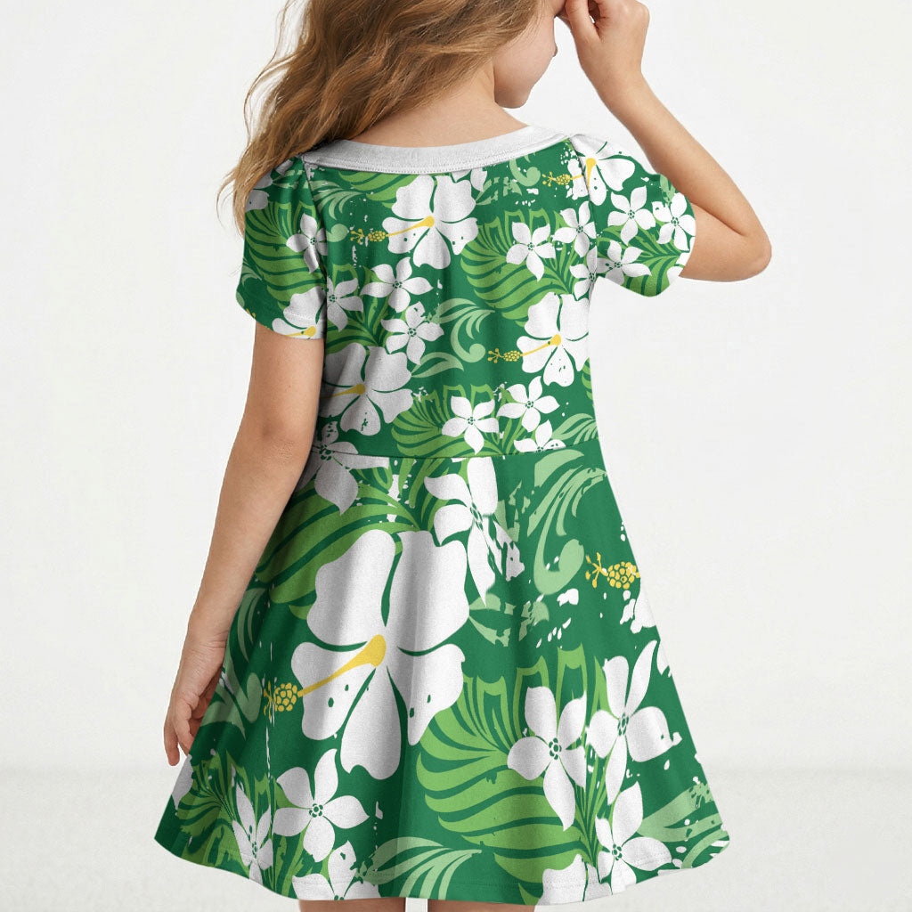 Green Hawaiian Hibiscus Monstera Kid Short Sleeve Dress Grunge Stylized LT01 - Polynesian Pride