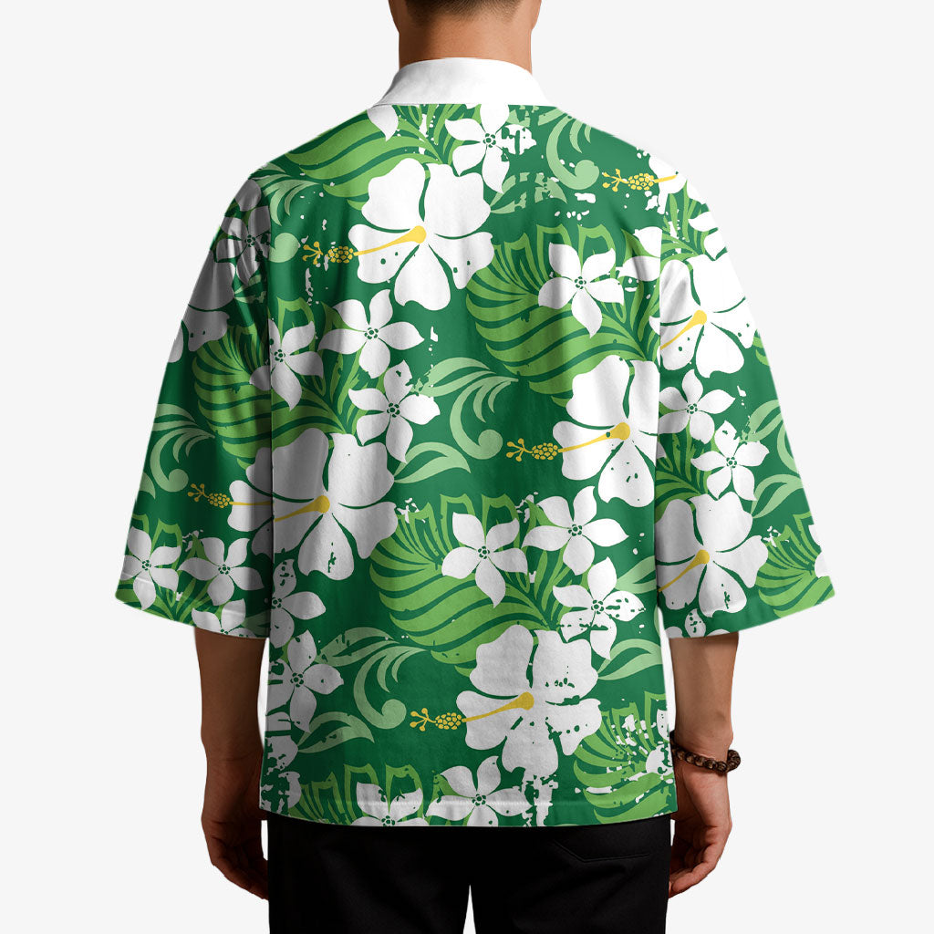 Green Hawaiian Hibiscus Monstera Kimono Grunge Stylized LT01 - Polynesian Pride