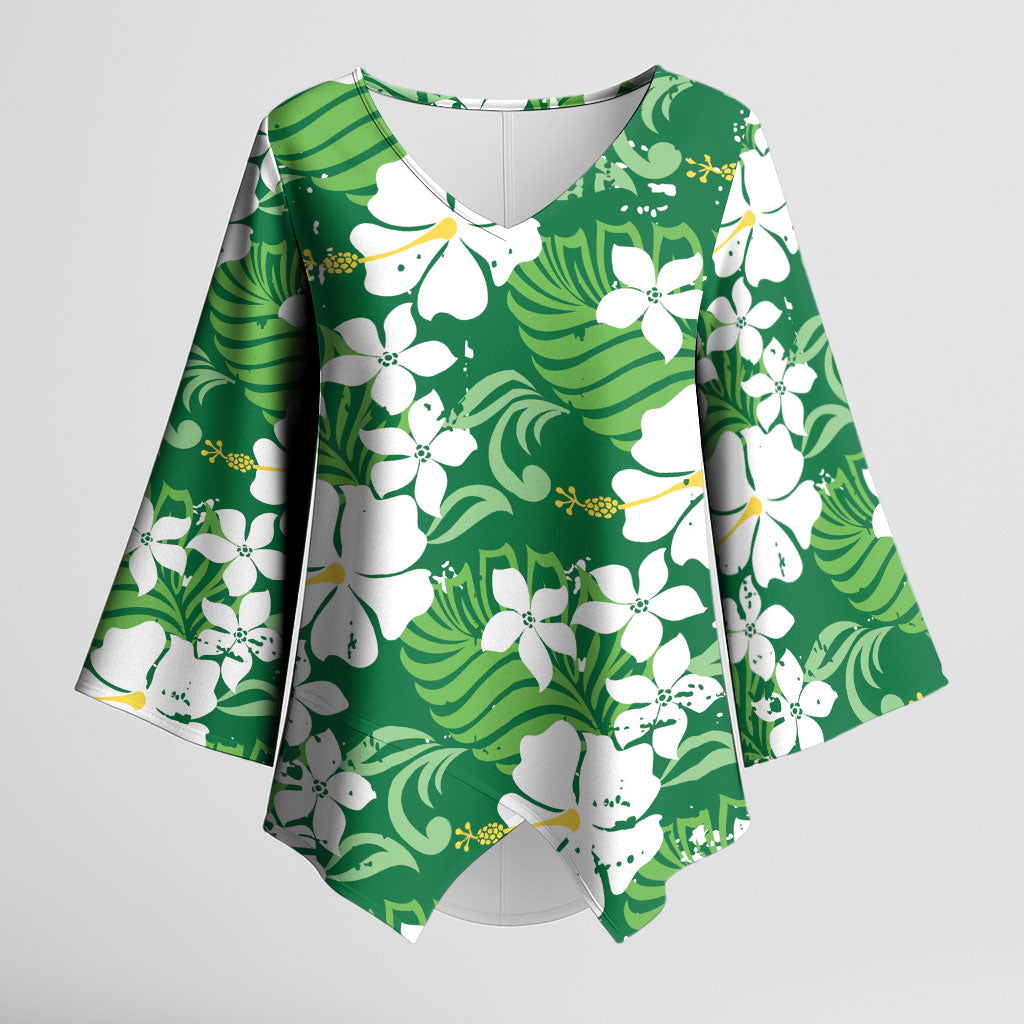 Green Hawaiian Hibiscus Monstera Kimono Sleeve Blouse Grunge Stylized LT01 Female Green - Polynesian Pride