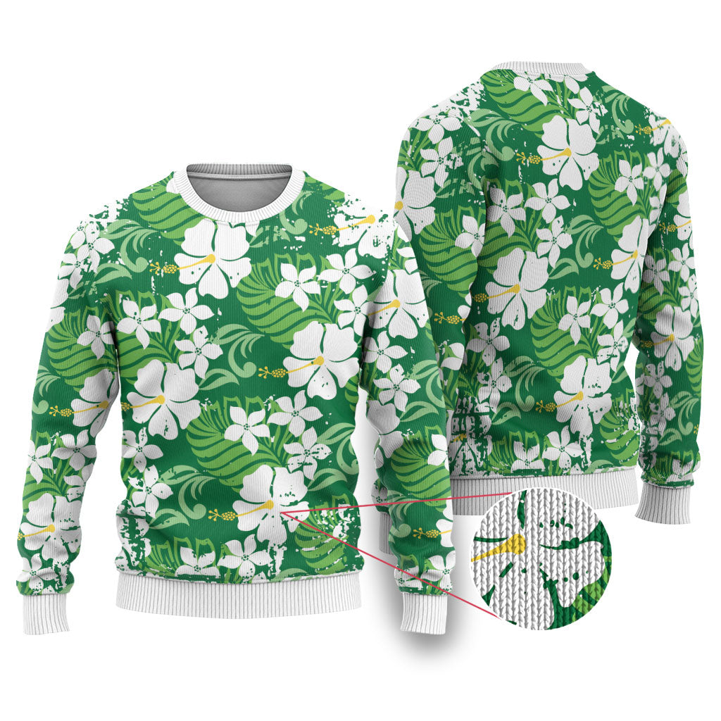 Green Hawaiian Hibiscus Monstera Ugly Christmas Sweater Grunge Stylized LT01 Green - Polynesian Pride