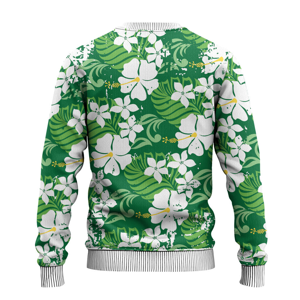 Green Hawaiian Hibiscus Monstera Ugly Christmas Sweater Grunge Stylized LT01 - Polynesian Pride