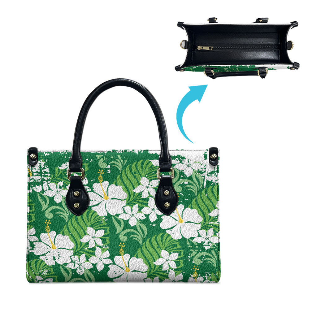 Green Hawaiian Hibiscus Monstera Leather Bag Grunge Stylized LT01 - Polynesian Pride