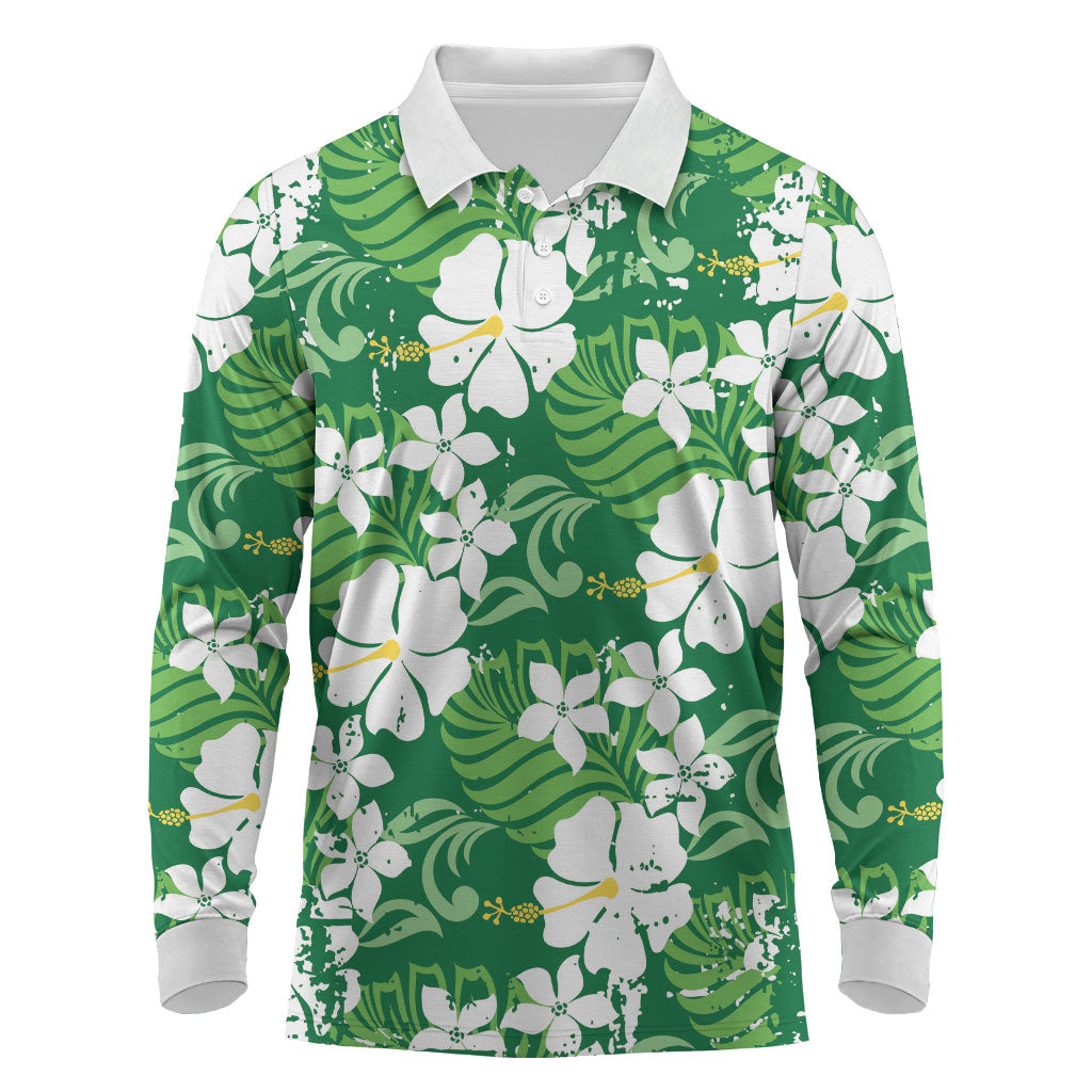 Green Hawaiian Hibiscus Monstera Long Sleeve Polo Shirt Grunge Stylized LT01 Green - Polynesian Pride