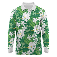 Green Hawaiian Hibiscus Monstera Long Sleeve Polo Shirt Grunge Stylized LT01 Green - Polynesian Pride