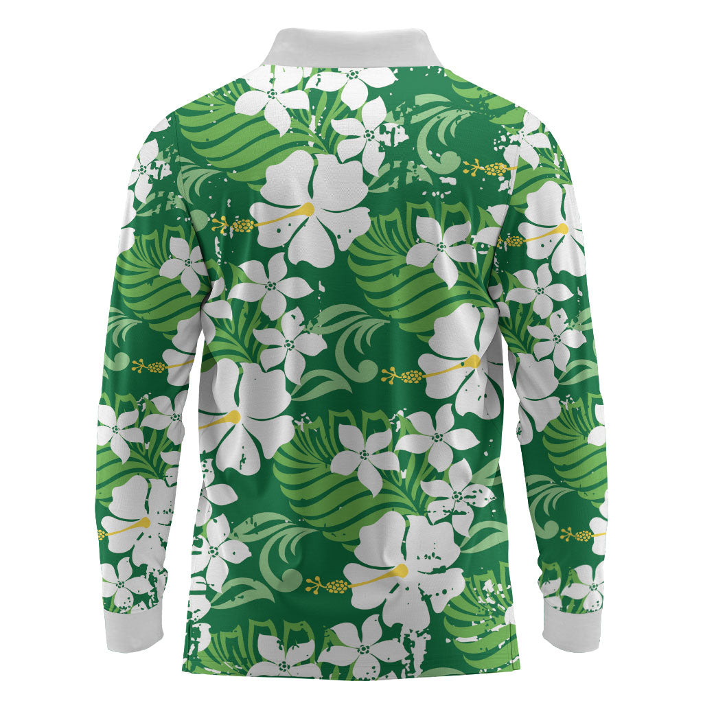 Green Hawaiian Hibiscus Monstera Long Sleeve Polo Shirt Grunge Stylized LT01 - Polynesian Pride