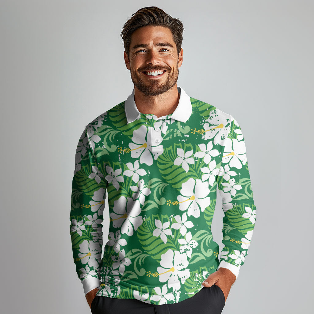 Green Hawaiian Hibiscus Monstera Long Sleeve Polo Shirt Grunge Stylized LT01 - Polynesian Pride