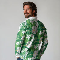 Green Hawaiian Hibiscus Monstera Long Sleeve Polo Shirt Grunge Stylized LT01 - Polynesian Pride