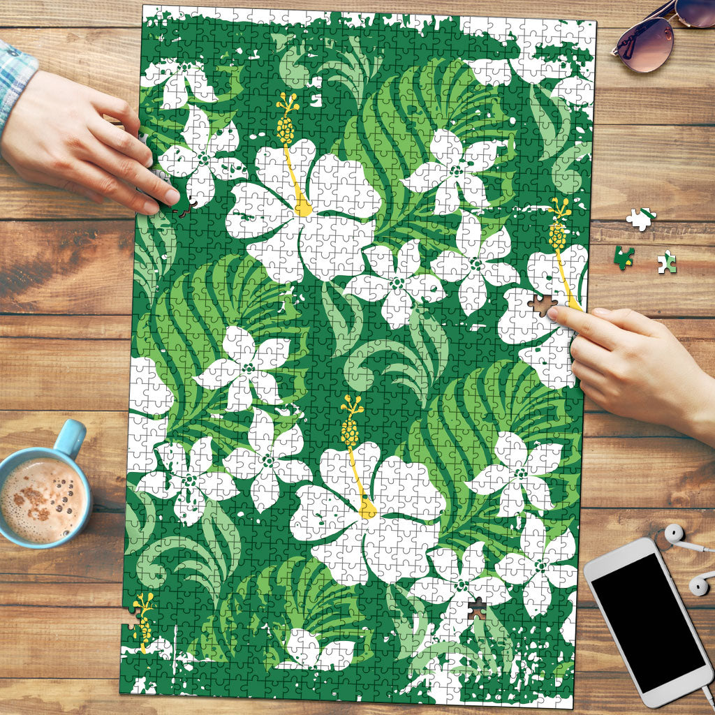 Green Hawaiian Hibiscus Monstera Puzzle Grunge Stylized LT01 Green - Polynesian Pride