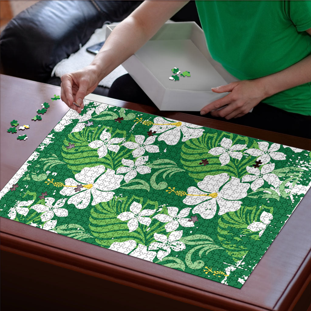 Green Hawaiian Hibiscus Monstera Puzzle Grunge Stylized LT01 - Polynesian Pride
