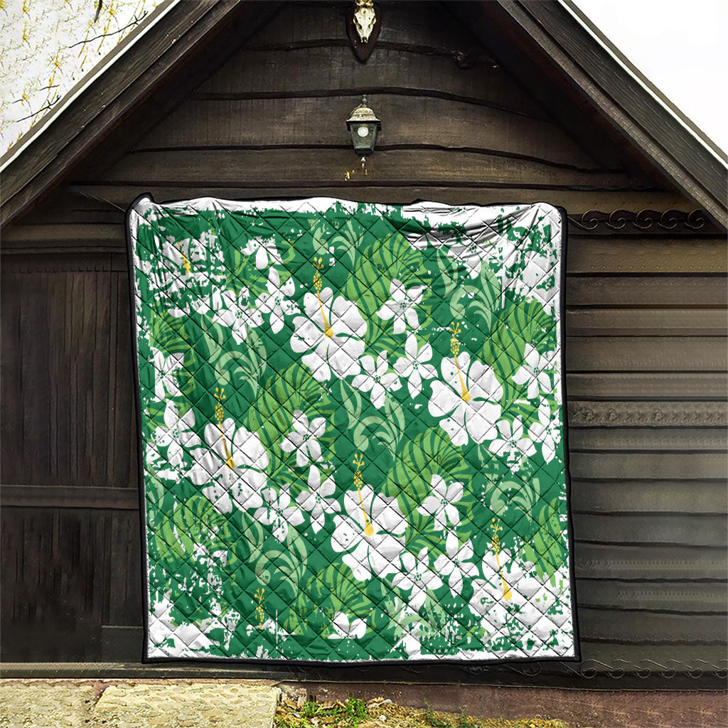 Green Hawaiian Hibiscus Monstera Quilt Grunge Stylized LT01 - Polynesian Pride