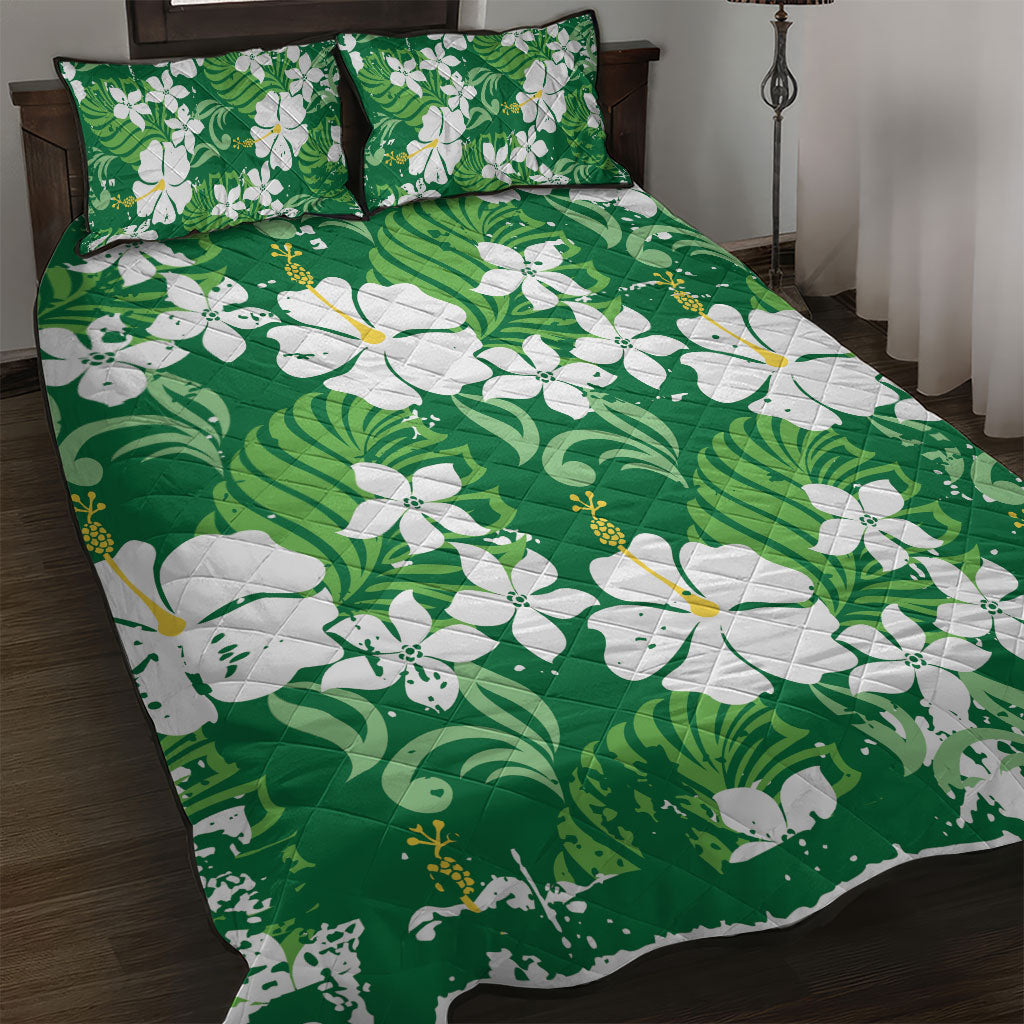 Green Hawaiian Hibiscus Monstera Quilt Bed Set Grunge Stylized LT01 Green - Polynesian Pride