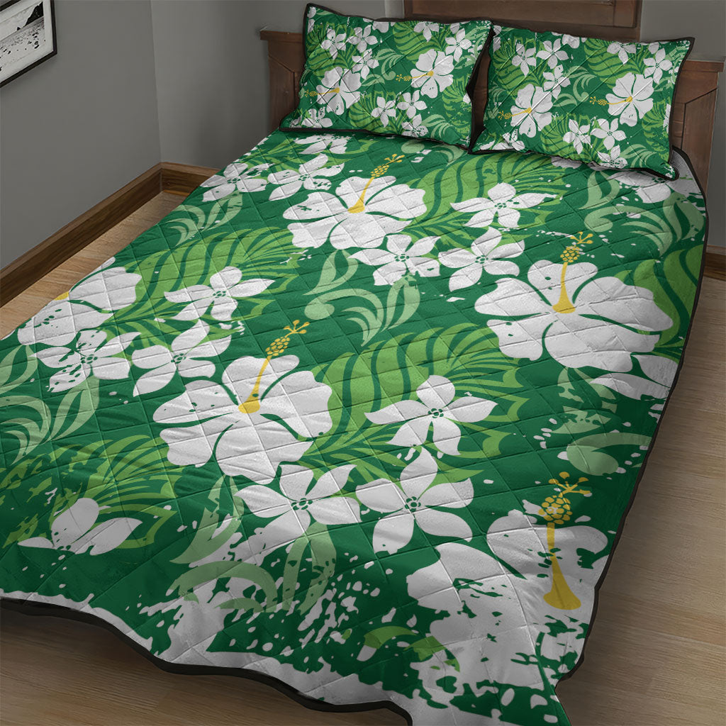 Green Hawaiian Hibiscus Monstera Quilt Bed Set Grunge Stylized LT01 - Polynesian Pride