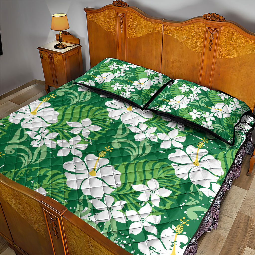 Green Hawaiian Hibiscus Monstera Quilt Bed Set Grunge Stylized LT01 - Polynesian Pride