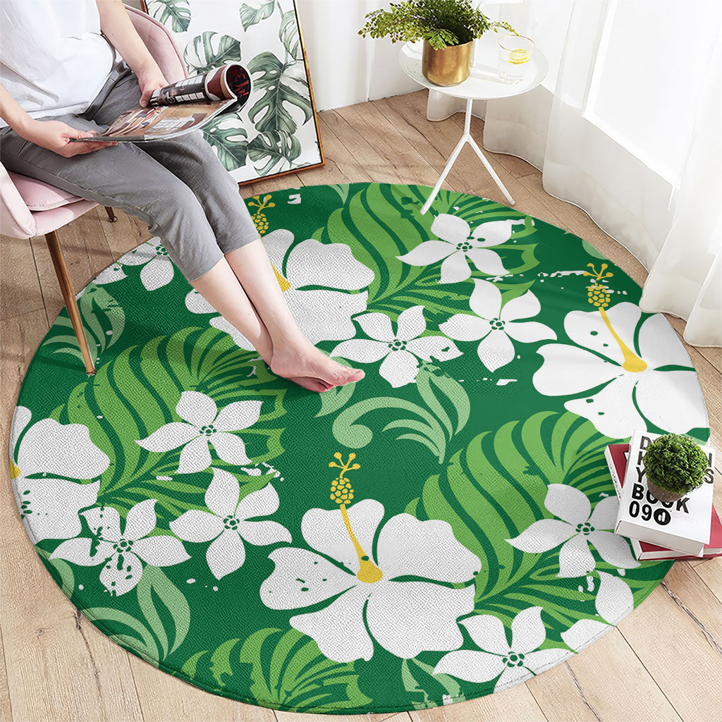 Green Hawaiian Hibiscus Monstera Round Carpet Grunge Stylized LT01 - Polynesian Pride