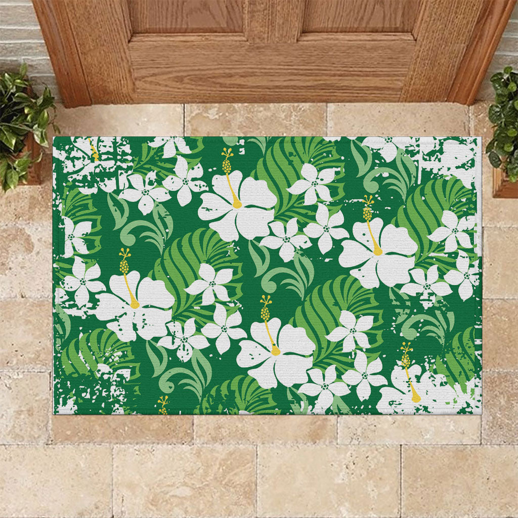 Green Hawaiian Hibiscus Monstera Rubber Doormat Grunge Stylized LT01 Green - Polynesian Pride