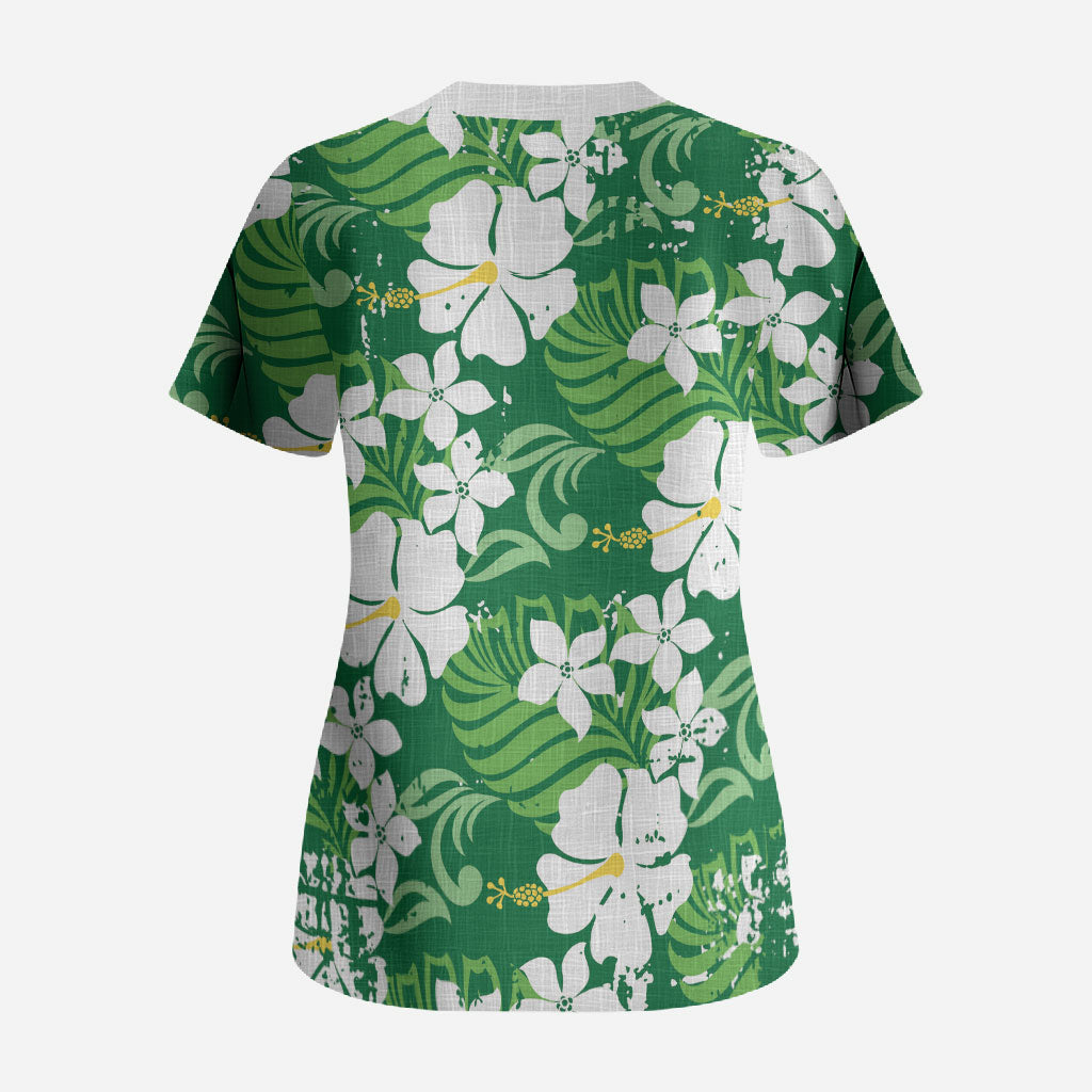 Green Hawaiian Hibiscus Monstera Scrub Top Grunge Stylized
