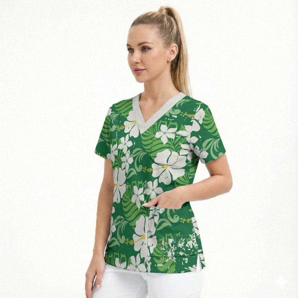 Green Hawaiian Hibiscus Monstera Scrub Top Grunge Stylized