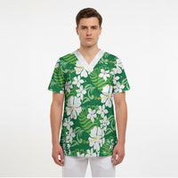 Green Hawaiian Hibiscus Monstera Scrub Top Grunge Stylized