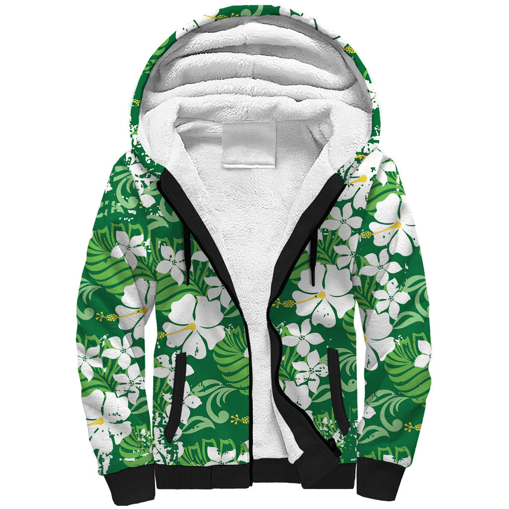 Green Hawaiian Hibiscus Monstera Sherpa Hoodie Grunge Stylized