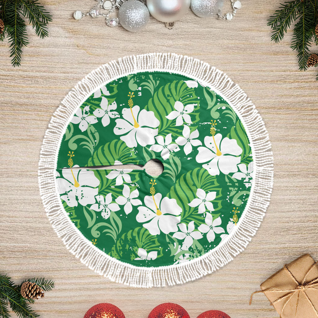Green Hawaiian Hibiscus Monstera Tree Skirt Grunge Stylized LT01 Fringed Green - Polynesian Pride