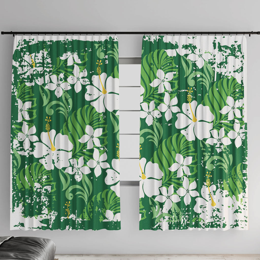 Green Hawaiian Hibiscus Monstera Window Curtain Grunge Stylized LT01 With Hooks Green - Polynesian Pride