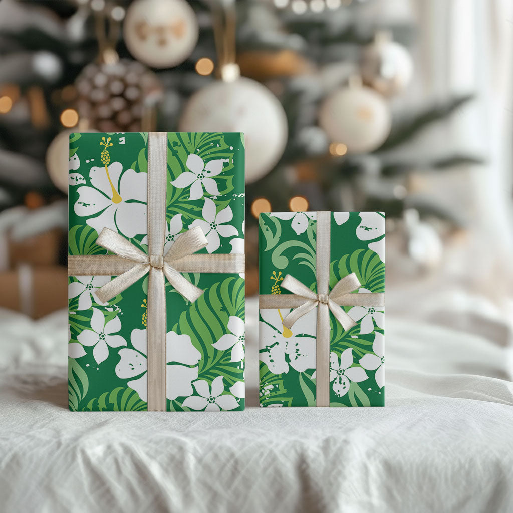 Green Hawaiian Hibiscus Monstera Wrapping Paper Grunge Stylized