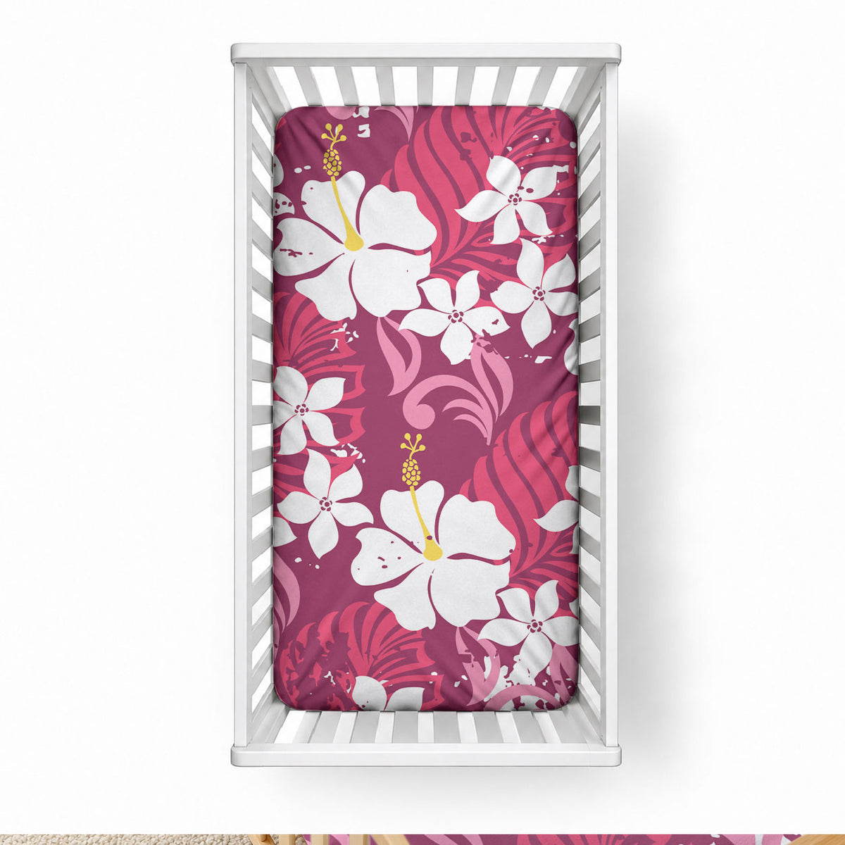 Pink Hawaiian Hibiscus Monstera Baby Bed Cover Grunge Stylized LT01 28 × 52 in Pink - Polynesian Pride