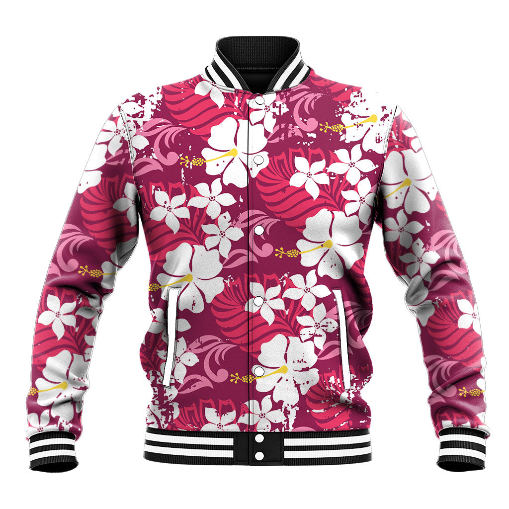 Pink Hawaiian Hibiscus Monstera Baseball Jacket Grunge Stylized