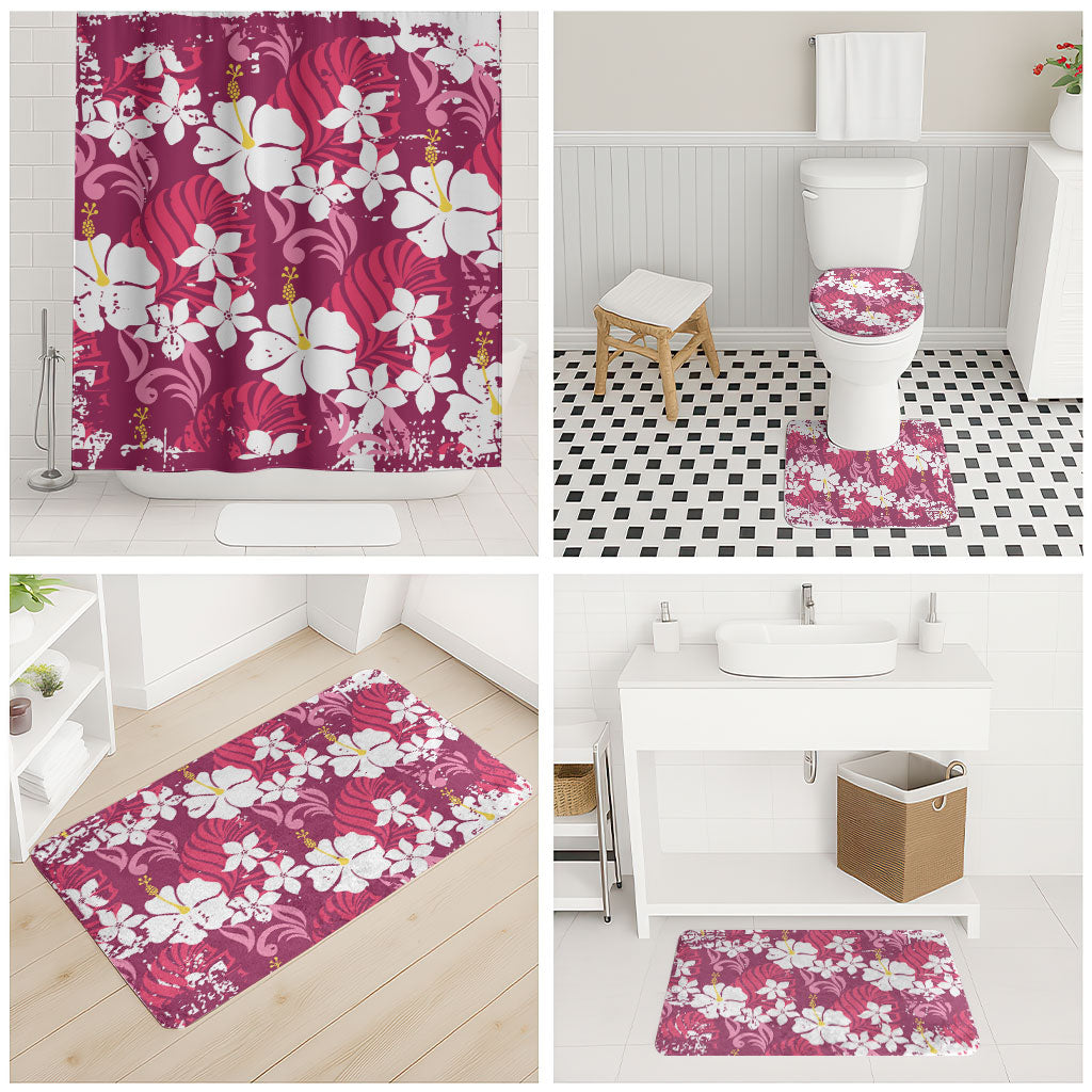 Pink Hawaiian Hibiscus Monstera Bathroom Set Grunge Stylized LT01 - Polynesian Pride