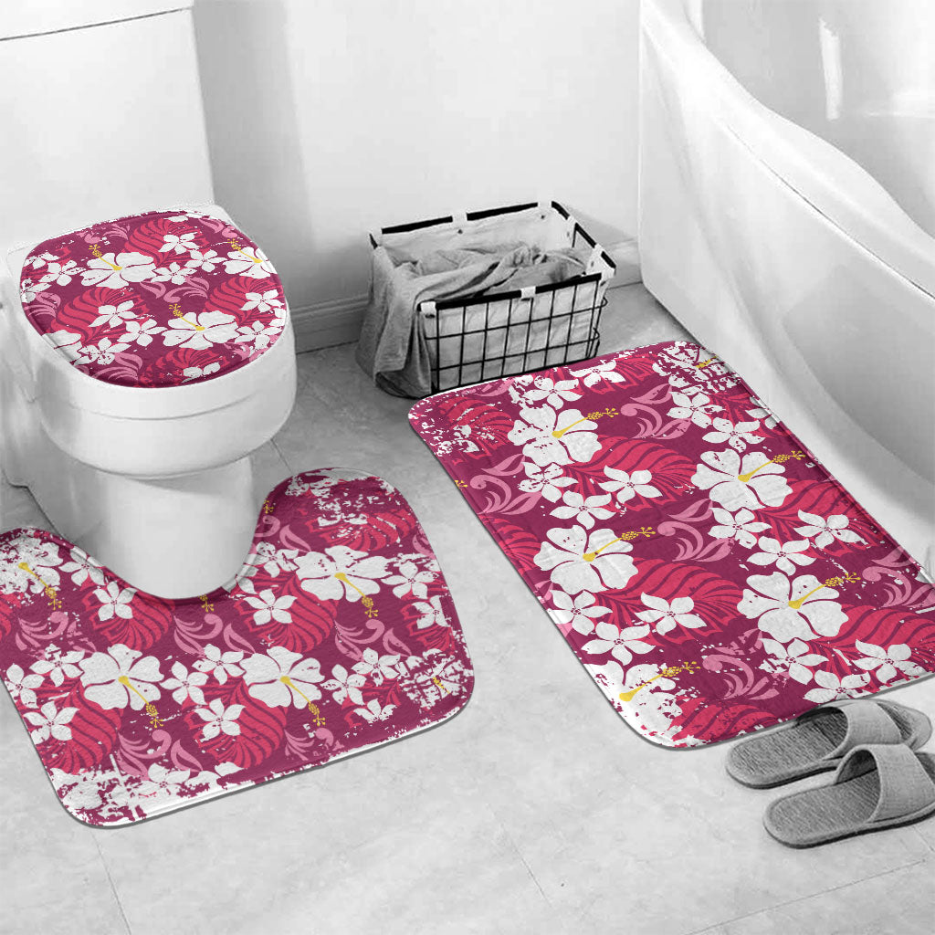 Pink Hawaiian Hibiscus Monstera Bathroom Set Grunge Stylized LT01 Mat Set Only (3 pcs) One Size Pink - Polynesian Pride
