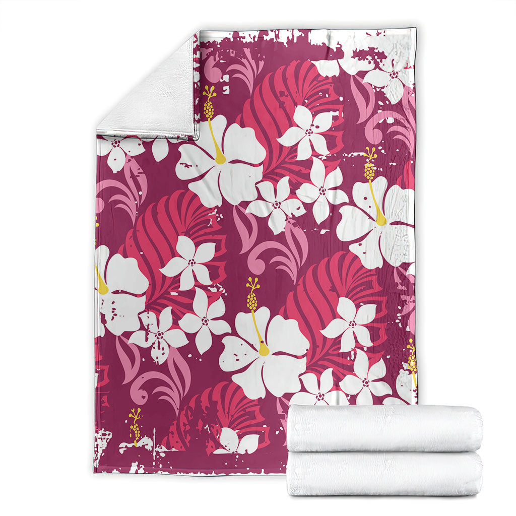Pink Hawaiian Hibiscus Monstera Blanket Grunge Stylized LT01 - Polynesian Pride