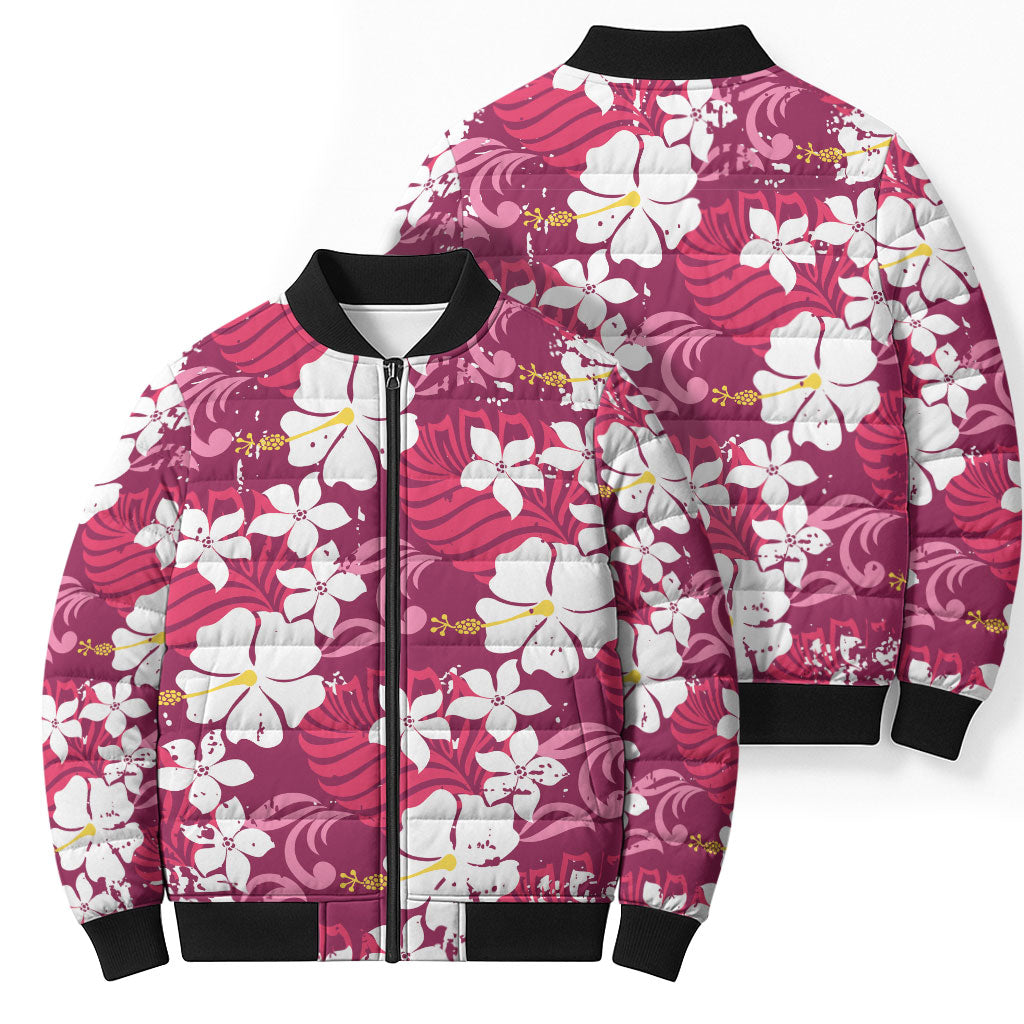 Pink Hawaiian Hibiscus Monstera Bomber Puffer Jacket Grunge Stylized