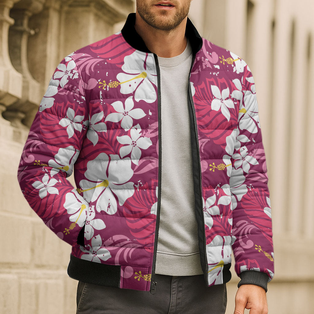 Pink Hawaiian Hibiscus Monstera Bomber Puffer Jacket Grunge Stylized