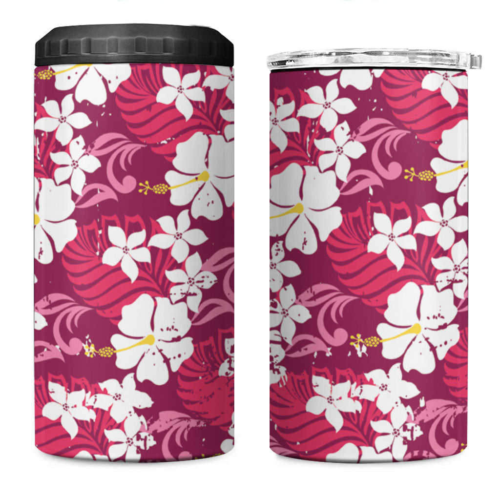 Pink Hawaiian Hibiscus Monstera 4 in 1 Can Cooler Tumbler Grunge Stylized LT01 One Size: 16 oz Pink - Polynesian Pride