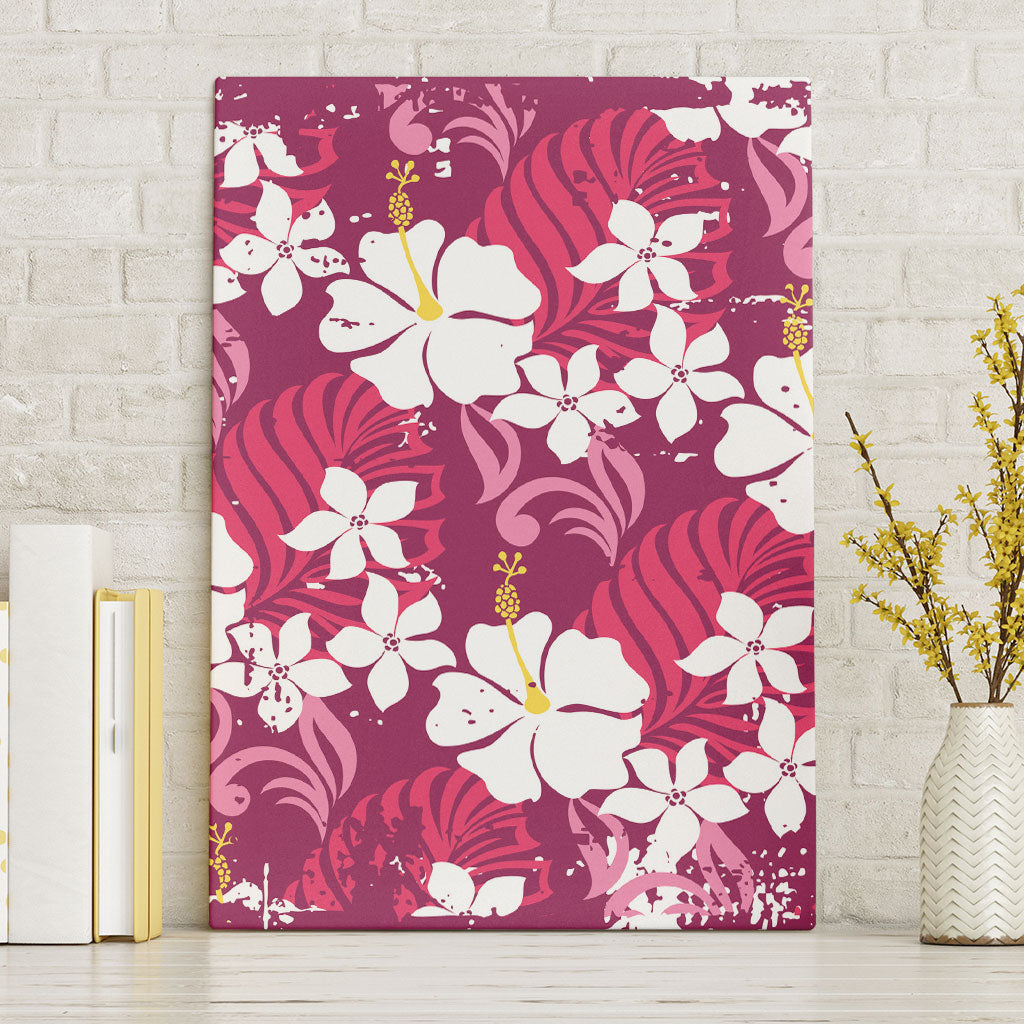 Pink Hawaiian Hibiscus Monstera Canvas Wall Art Grunge Stylized LT01 Without Frame Pink - Polynesian Pride