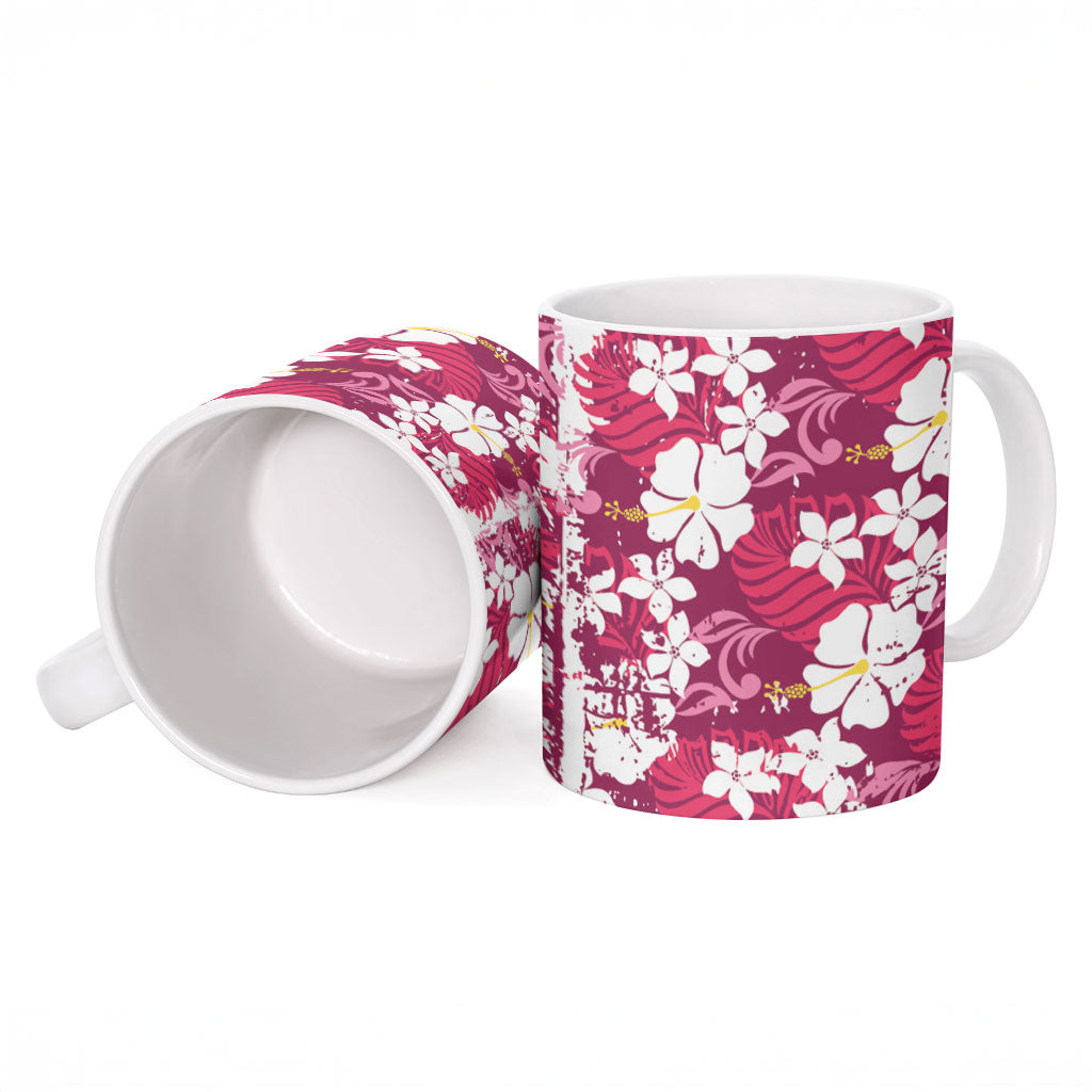 Pink Hawaiian Hibiscus Monstera Ceramic Mug Grunge Stylized