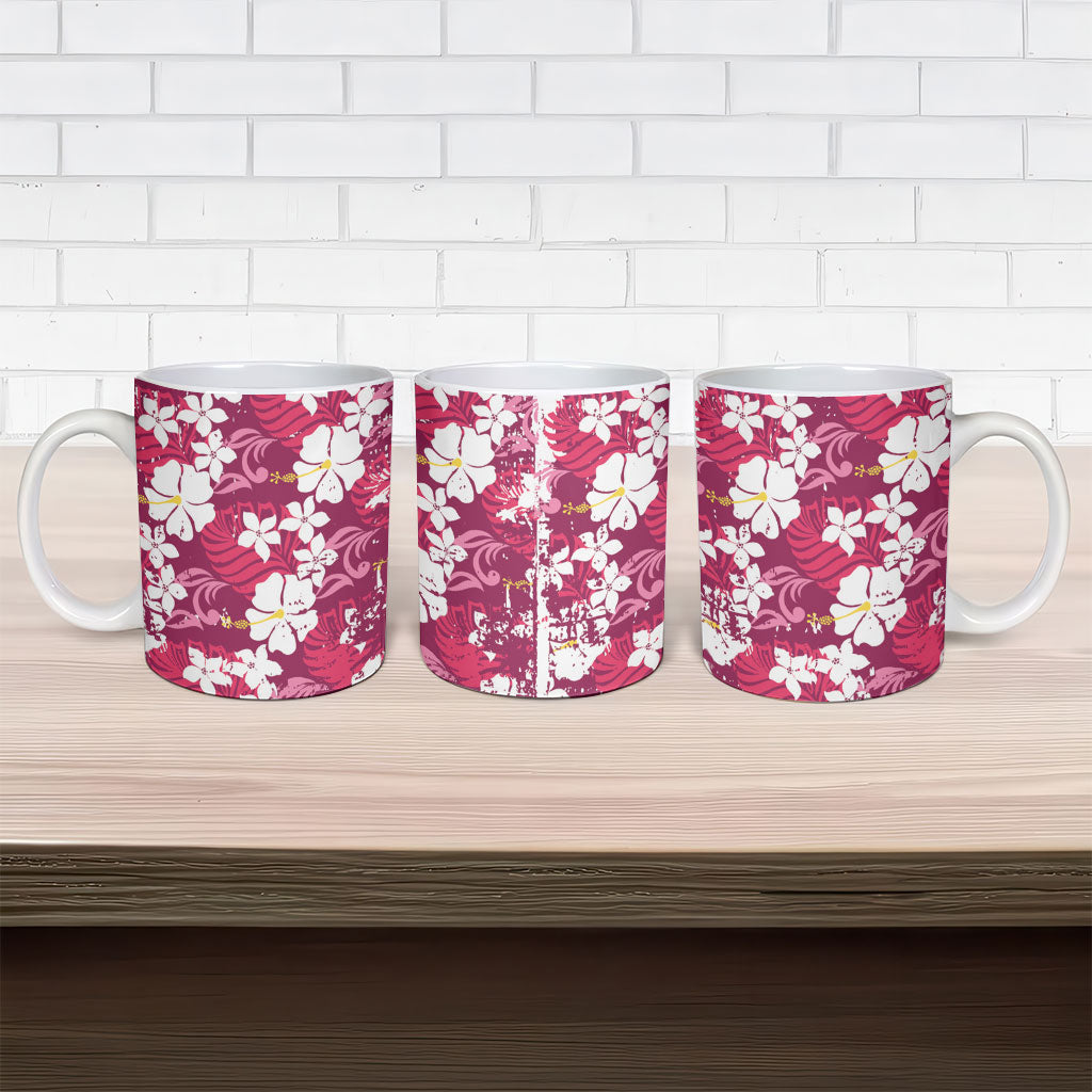Pink Hawaiian Hibiscus Monstera Ceramic Mug Grunge Stylized
