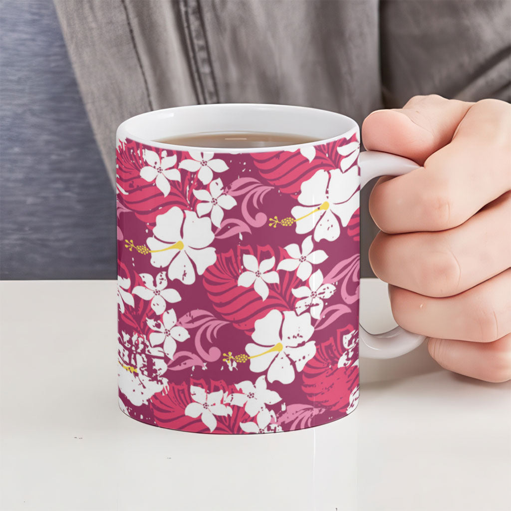 Pink Hawaiian Hibiscus Monstera Ceramic Mug Grunge Stylized