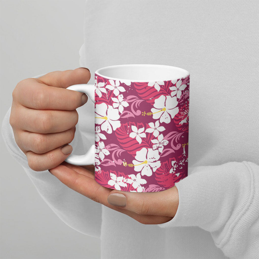 Pink Hawaiian Hibiscus Monstera Ceramic Mug Grunge Stylized