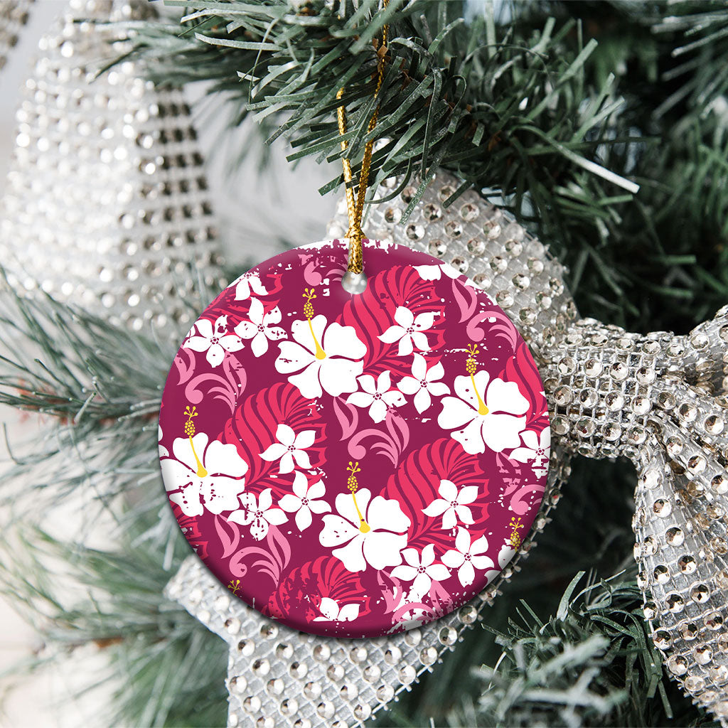 Pink Hawaiian Hibiscus Monstera Ceramic Ornament Grunge Stylized LT01 - Polynesian Pride