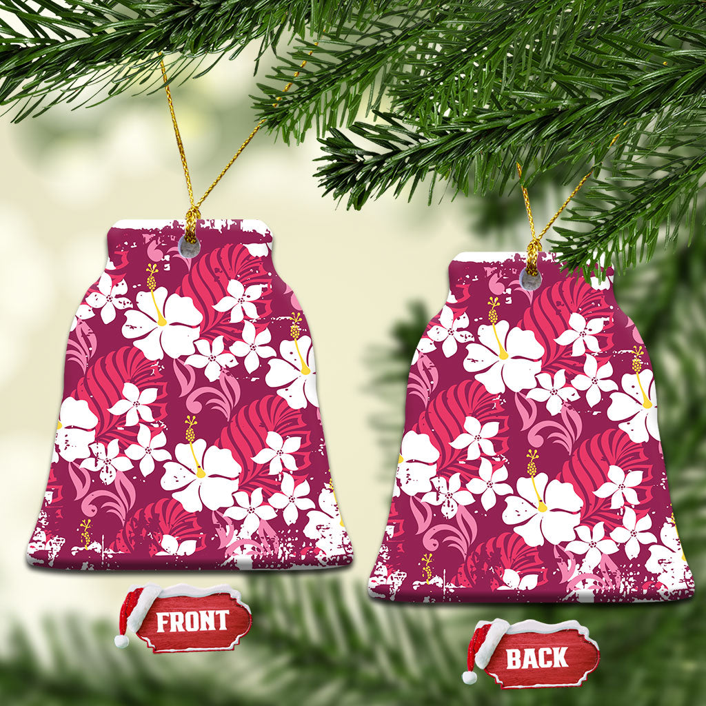 Pink Hawaiian Hibiscus Monstera Ceramic Ornament Grunge Stylized LT01 Bell Flake Pink - Polynesian Pride