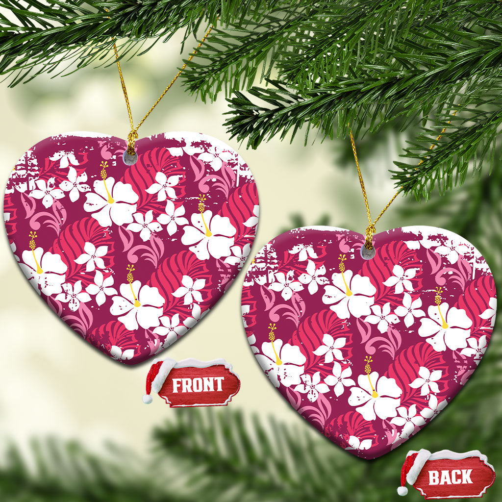 Pink Hawaiian Hibiscus Monstera Ceramic Ornament Grunge Stylized LT01 Heart Pink - Polynesian Pride