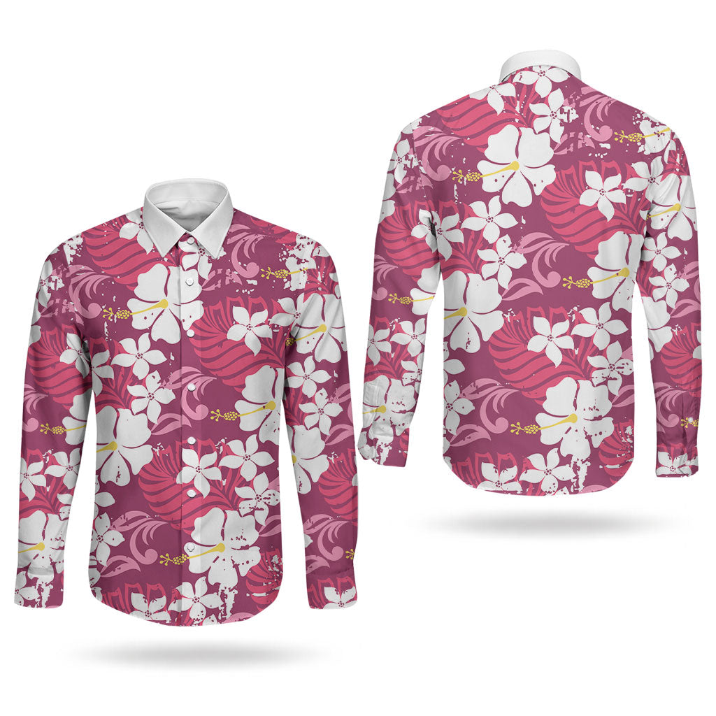 Pink Hawaiian Hibiscus Monstera Couples Matching Off Shoulder Short Dress and Long Sleeve Button Shirt Grunge Stylized LT01 - Polynesian Pride