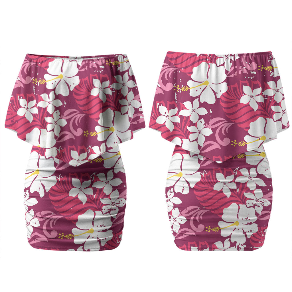 Pink Hawaiian Hibiscus Monstera Couples Matching Off Shoulder Short Dress and Long Sleeve Button Shirt Grunge Stylized LT01 - Polynesian Pride