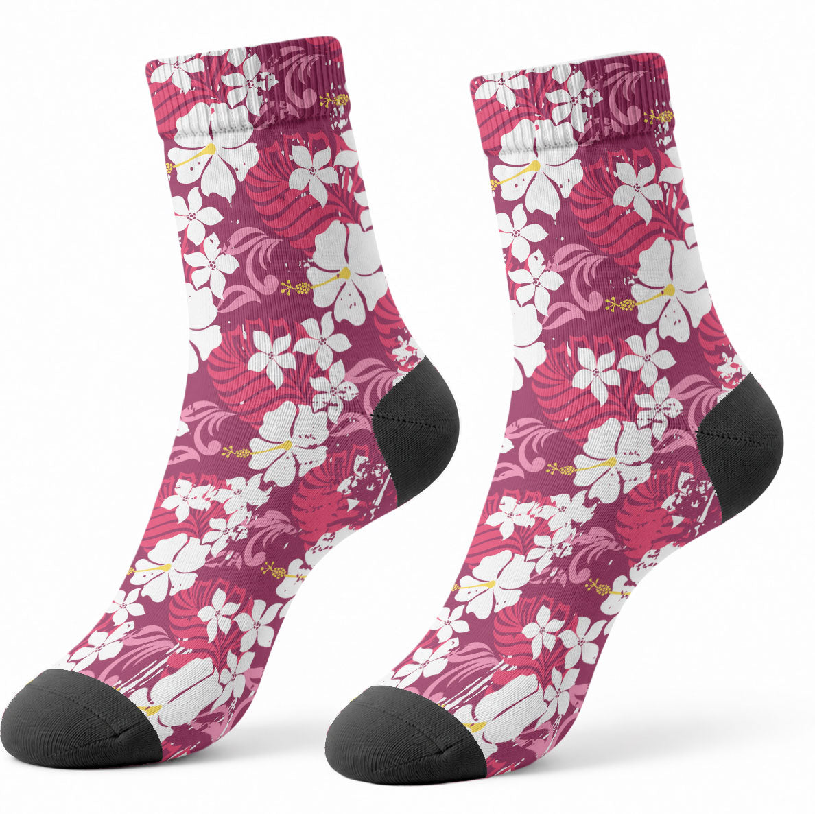 Pink Hawaiian Hibiscus Monstera Crew Socks Grunge Stylized LT01 - Polynesian Pride
