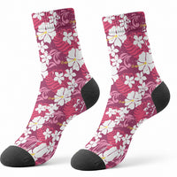 Pink Hawaiian Hibiscus Monstera Crew Socks Grunge Stylized LT01 - Polynesian Pride