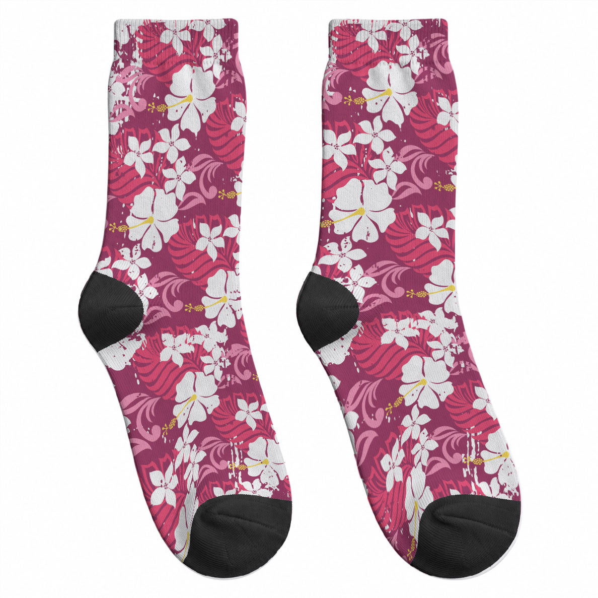 Pink Hawaiian Hibiscus Monstera Crew Socks Grunge Stylized LT01 - Polynesian Pride